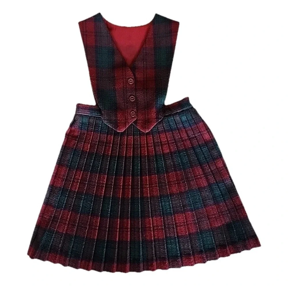 VTG Archie‎ Brown & Son Pleated Skirt Vest Holiday Preppy Red Green Plaid Girl 8